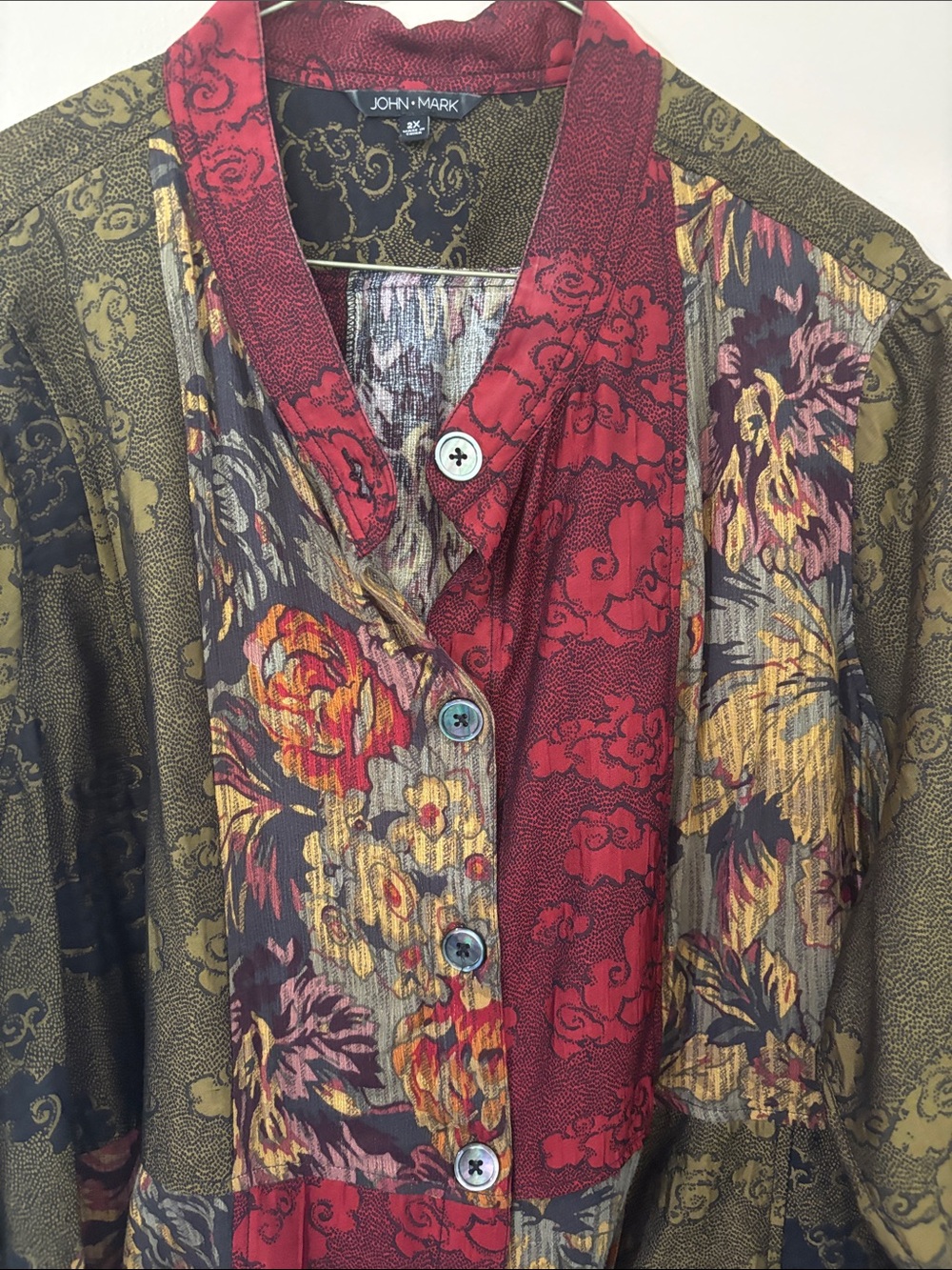 John Mark Patchwork Floral Button-Up Jacket in Red & Olive - Picture 2 of 8